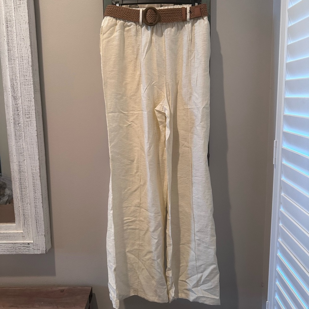 NWT Love Poem Linen Blend Womens Wide Leg Pants Belted Tan Size Medium